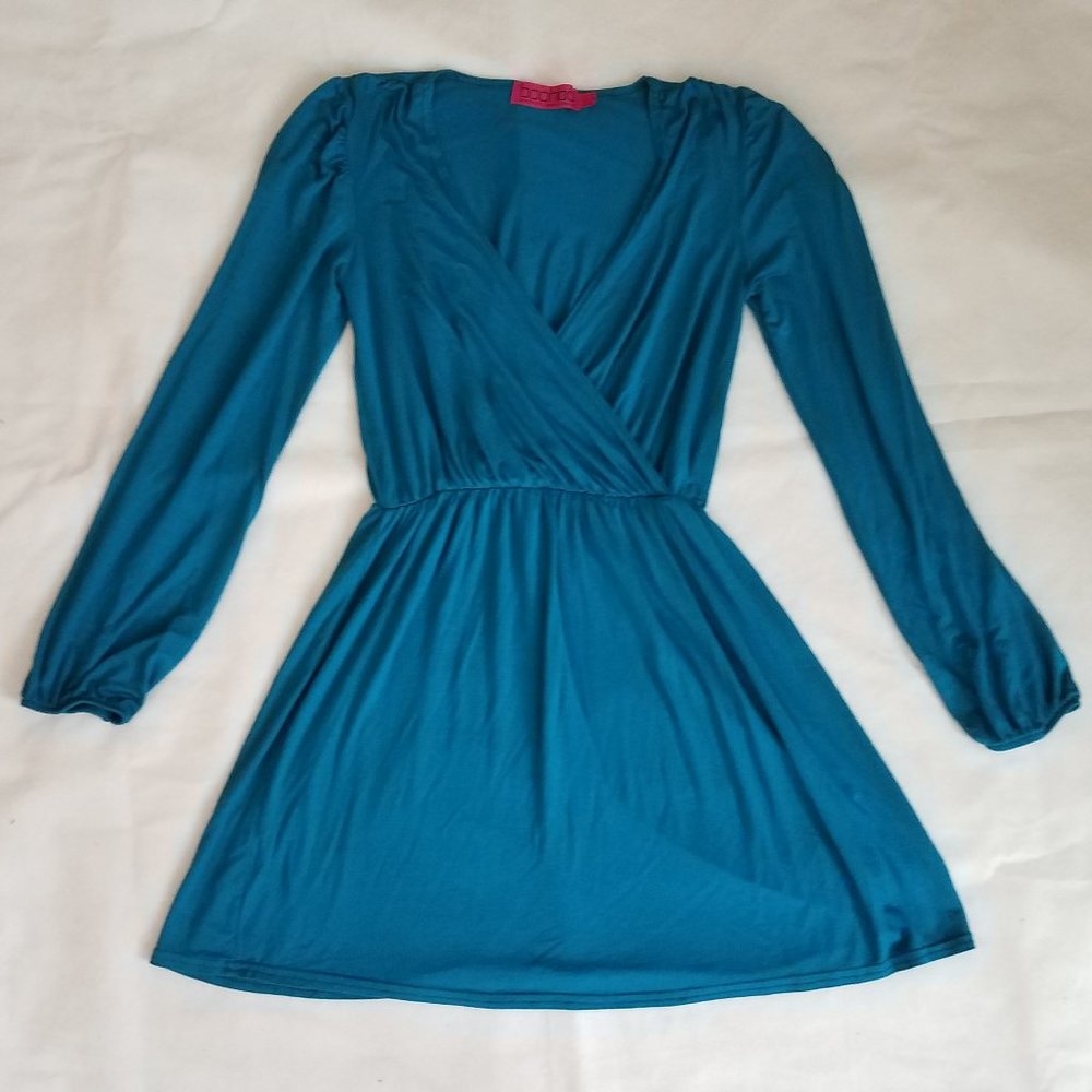 Teal blue long sleeve v-neck dress
